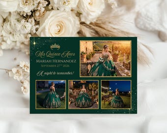 Quinceanera Photo Collage Card, Mis Quince Años Keepsake Card — Emerald Elegance Editable Canva Template, 5x7 Q101