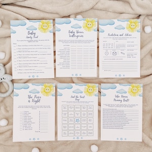 Voici le fils, 24 jeux de baby shower, lot, bingo pour baby shower, prix correct, prédiction de bébé, trouvez l'invité, imprimable 5 x 7, L108