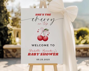 She's the Cherry on Top, Baby Shower Welcome Sign, Retro Cherry Theme Party, Coquette Cherry, Retro, Baby Girl Shower, Canva Templates, L117