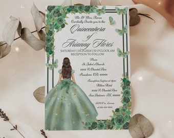 Sage Green Floral Quinceañera Invitation, Mis 15, Floral Quince Invite for 15th Birthday Party, Editable Digital Download, Template in Canva