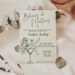 Bikinis and Martinis Bachelorette Invite, Sage Green, Canva Template, Martini Party Theme, Martini Bachelorette Edit on CANVA