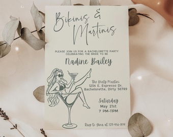 Bikinis and Martinis Bachelorette Invite, Sage Green, Canva Template, Martini Party Theme, Martini Bachelorette Edit on CANVA