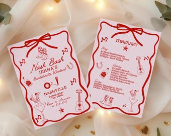 Nash Bash Bachelorette Party Invite, Cowgirl Theme, Nashville Girls Trip, Boots and Bling, Pink and Red Invitation, Canva Template, B115