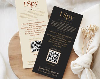 I Spy Rehearsal Dinner Photo Card | Love at First Slice QR Code Guest Game | 4x9 Editable Canva Black & Cream | W104