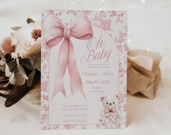 Oh Baby Pink Toile Invitation Template, Baby Shower Invite, Pink Bow Invitation, Vintage Coquette Baby Shower, Editable Canva Template, L114