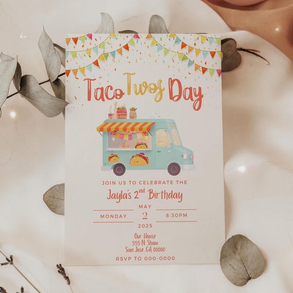 Taco Twosday Invitation, Taco Truck Invite, Mexican Fiesta, Second Birthday, Taco Theme Party, 2 Year Old Pastel Invite, 5x7 Canva Template