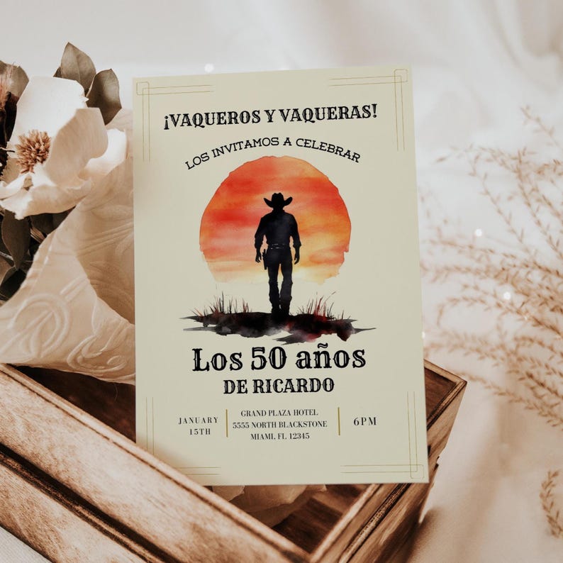 Vaquero 50th Birthday Invitation, Cowboy Birthday, Rodeo Theme, Mens Birthday Invite, Mexican Fiesta, 50th Birthday Idea, 5x7 Canva Template image 4