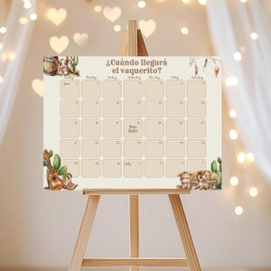 Guess the Due Date, Cowboy Vaquerito Editable Calendar, Spanish Cowboy Shower, Western Rodeo Baby Shower Game, Canva Template L101