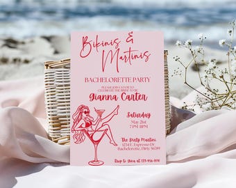 Pink and Red Bikinis and Martinis Bachelorette Invite, Canva Template, Martini Party Theme, Martini Bachelorette Edit on CANVA B107