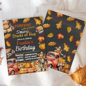 Fall Birthday Invitation - Pumpkin Patch Party - Editable Canva Template - S&#39;mores, Haystacks, Autumn Leaves - Instant Download