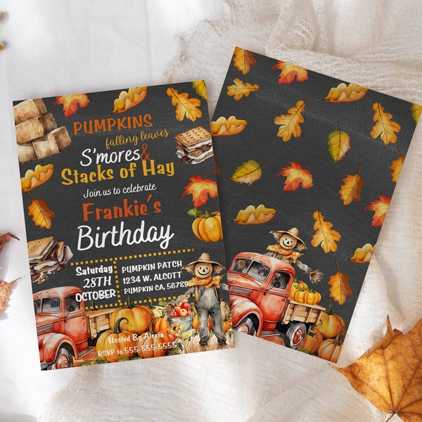Fall Birthday Invitation - Pumpkin Patch Party - Editable Canva Template - S'mores, Haystacks, Autumn Leaves - Instant Download