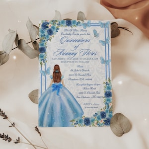 Light Blue Floral Quinceañera Invitation, Mis 15, Floral Quince Invite for 15th Birthday Party, Editable Digital Download, Template in Canva