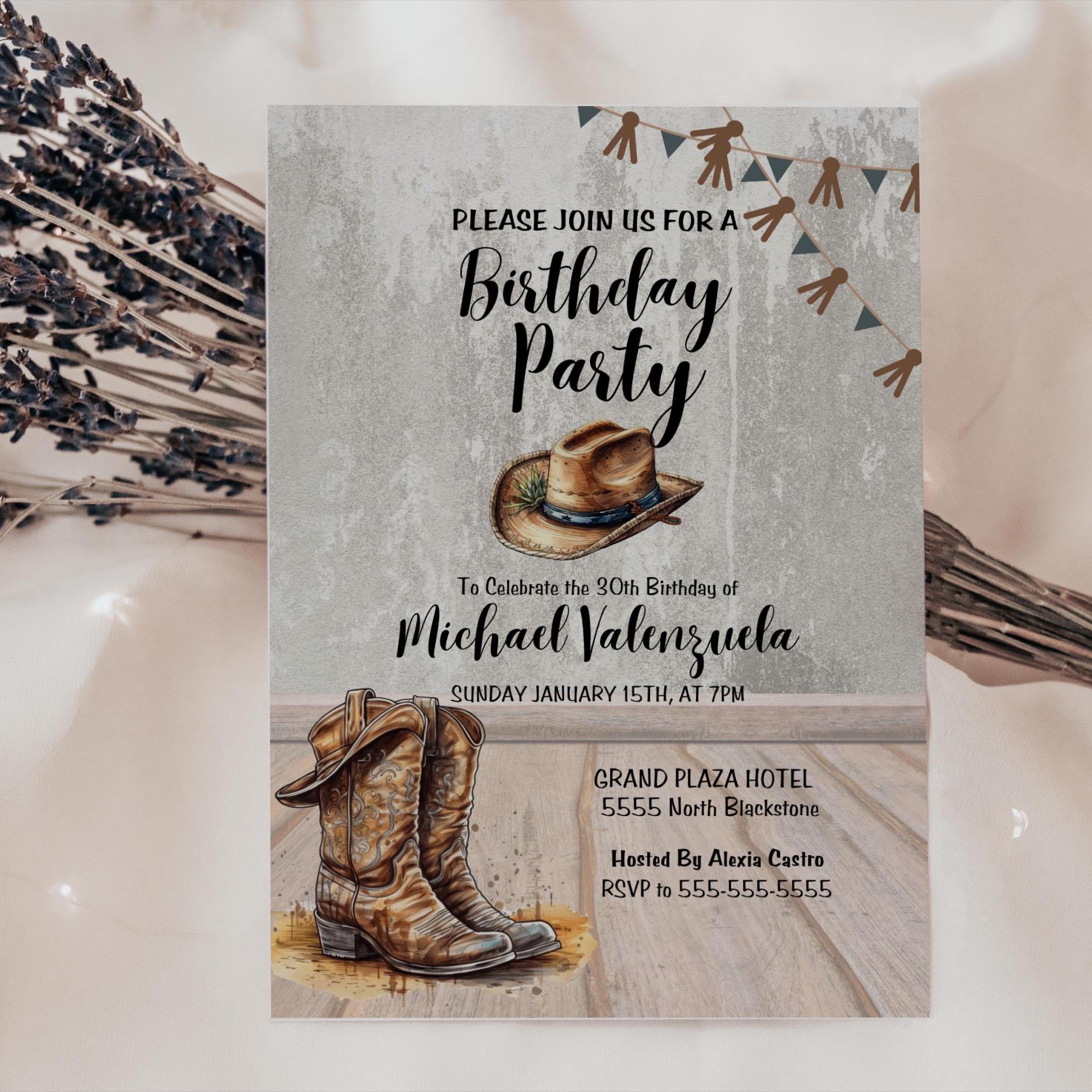 Editable Rustic Cowboy Birthday Invitation - 5x7 | Simple Western Party  Invite | Printable Template in Greys and Browns | Editable CANVA - Etsy, image size:1988x1988