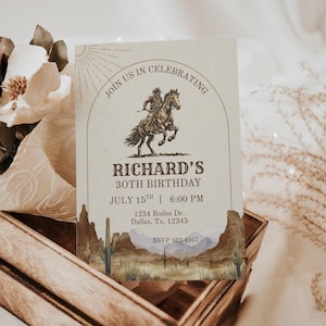 Invito rustico da cowboy western, invito per 50° compleanno, invito per compleanno maschile, festa nel selvaggio West, invito per rodeo, modello Canva 5x7, C101