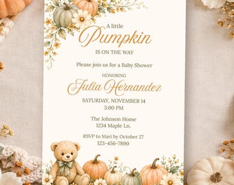 A Little Pumpkin Baby Shower Invitation - Sage Green Fall Editable Canva Template, 4-in-1 Bundle L106