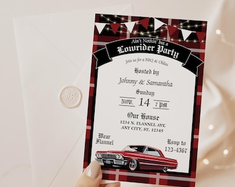 Red Lowrider Party Invitation, Chicano Culture, Oldies & Homies (5x7 Canva Template)
