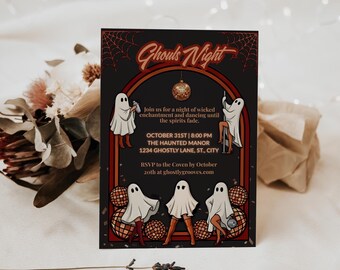 Ghouls Night Halloween Party Invitation, Retro Glam Ghost Girls Night Invite, Editable Canva Template, 2-in-1 Bundle | H105