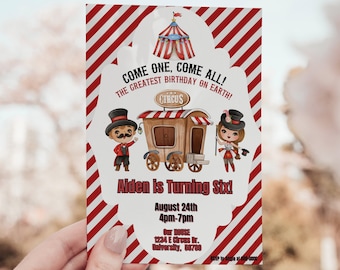 Red and White Striped Circus Birthday Invite, Carnival Invitation Template, Printable Invitation, Instant Download, 5x7