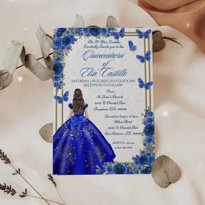 Royal Blue Floral Quinceañera uitnodiging, Mis 15, Floral Quince uitnodigen voor 15e verjaardagsfeestje, bewerkbare digitale download, sjabloon in Canva