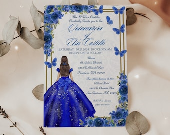 Royalblaue Blumen Quinceaūra Einladung, Mis 15, Blumen Quince Einladen zur 15. Geburtstagsfeier, bearbeitbarer digitaler Download, Vorlage in Canva