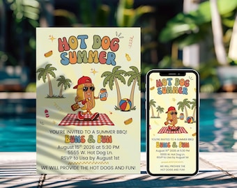 BBQ Invitation, Retro 70s Backyard Pool Party Invite — Hot Dog Summer Editable Canva Template, 2-in-1 Bundle, S101