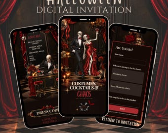 Skeleton Halloween Website Invitation, Costume Cocktails and Chaos Party, Editable Canva Website Digital Invite