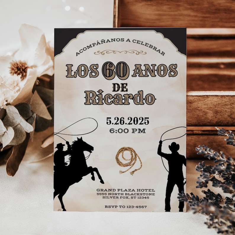 Vaquero 60th Birthday Invitation, Rodeo Theme, Cowboy Birthday, Mens Birthday Invite, Mexican Fiesta, 60th Birthday Idea, 5x7 Canva Template image 4