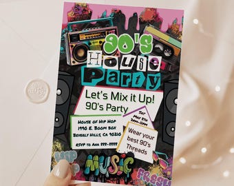90's Party Invitation | House Party Invitation Template | 90's Party Printable - Instant Download | Editable on Canva