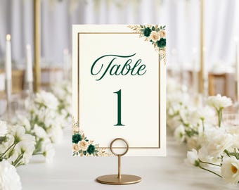 Emerald Gold Table Number Signs, Wedding Table Numbers 1-20 — Emerald Elegance Editable Canva Template, Q101