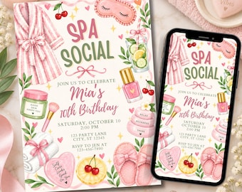Spa Birthday Invitation for Girls, Pink and Green Pamper Party Invite