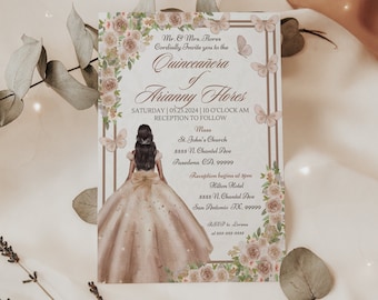 Champagner Florale Quinceaña, Mis 15, Champagner Quitte Einladen zur 15.Geburtstagsfeier, Einladungsvorlage in Canva, digitaler Download