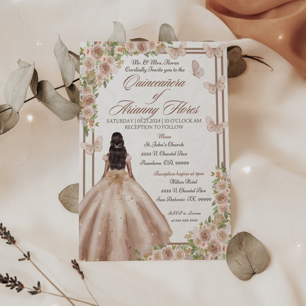 Champagne Floral Quinceañera, Mis 15, Champagne Quince Invite for 15th Birthday Party, Invitation Template in Canva, Digital Download