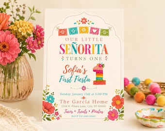 First Fiesta Birthday Invitation, Little Senorita 1st Birthday, Editable Canva Template, Phone Invite + Back Print Bundle U101
