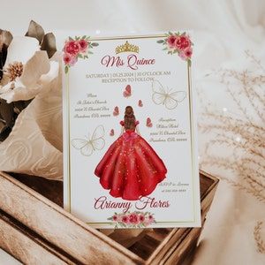 Rote Quinceaño-Einladungsvorlage, Quitte Anpassbare rote und goldene Quitte-Einladung, digitaler Download 15.Geburtstag einladen, auf CANVA bearbeiten
