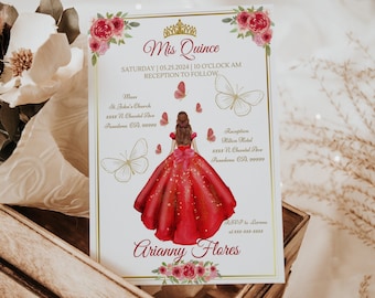 Rote Quinceaño-Einladungsvorlage, Quitte Anpassbare rote und goldene Quitte-Einladung, digitaler Download 15.Geburtstag einladen, auf CANVA bearbeiten