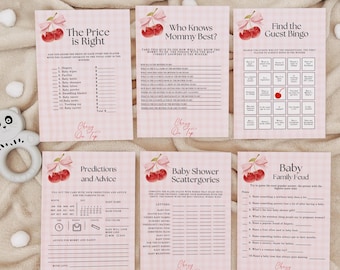Juego de baby shower Cherry on Top, tarjeta de predicción del bebé, ¿Quién conoce a mamá?, bingo para invitados, rifa de pañales, paquete de juegos, imprimible de 5x7, L110