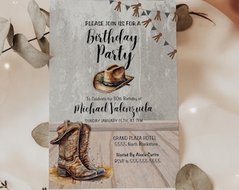 Editable Rustic Cowboy Birthday Invitation - 5x7 | Simple Western Party Invite | Printable Template in Greys and Browns | Editable CANVA