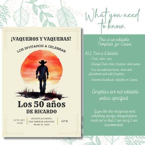 Vaquero 50th Birthday Invitation, Cowboy Birthday, Rodeo Theme, Mens Birthday Invite, Mexican Fiesta, 50th Birthday Idea, 5x7 Canva Template image 8