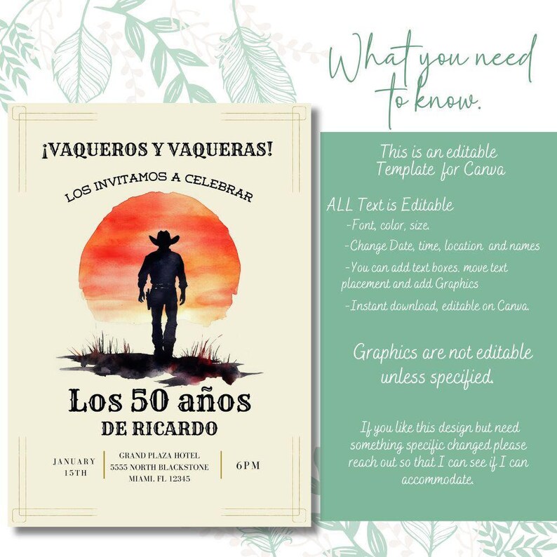 Vaquero 50th Birthday Invitation, Cowboy Birthday, Rodeo Theme, Mens Birthday Invite, Mexican Fiesta, 50th Birthday Idea, 5x7 Canva Template image 8