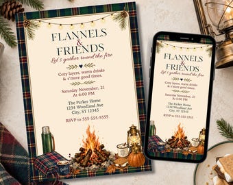 Fall Bonfire Party Invitation: Flannels and Friends Plaid Canva Template