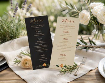Pizza Rehearsal Dinner Menu Card | Love at First Slice Wedding Menu Template | 4x9 Editable Canva Black & Cream | W104