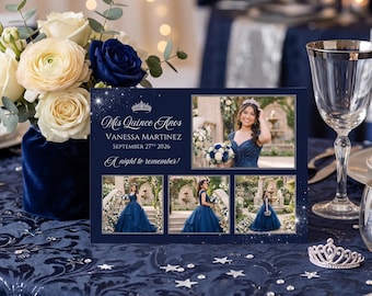 Quinceañera Photo Collage Card, Navy Floral Mis Quince Años Keepsake — Elegant Navy Editable Canva Template 5x7, Q102