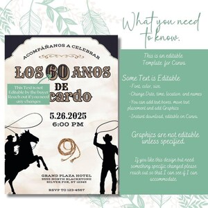 Vaquero 60th Birthday Invitation, Rodeo Theme, Cowboy Birthday, Mens Birthday Invite, Mexican Fiesta, 60th Birthday Idea, 5x7 Canva Template image 2