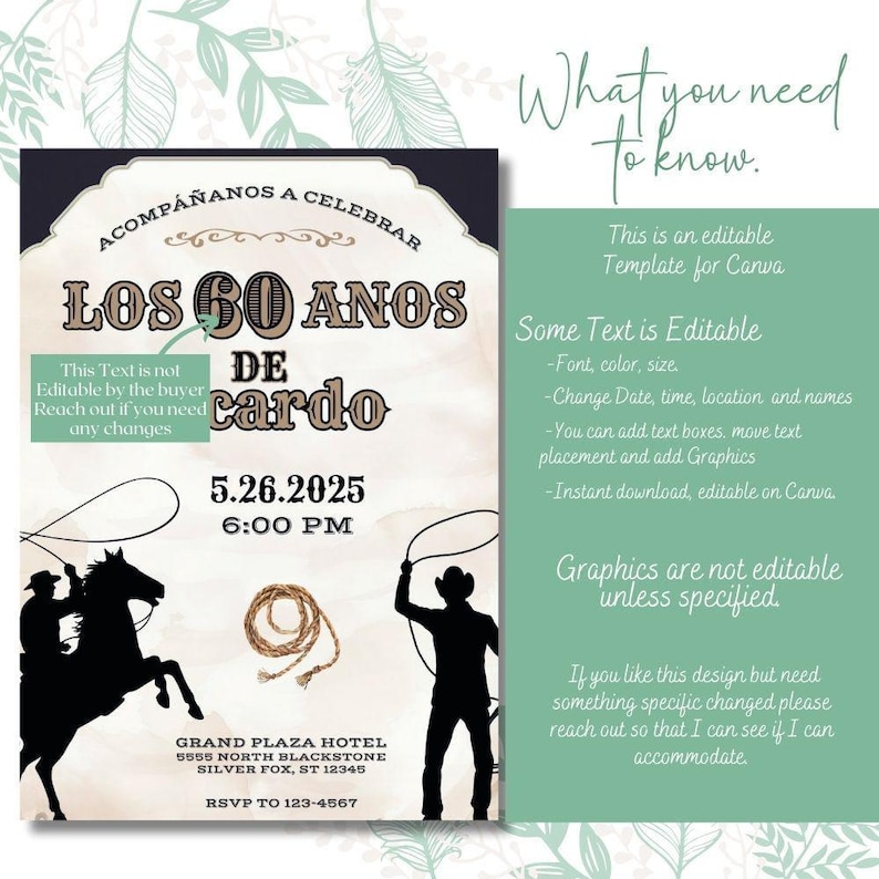 Vaquero 60th Birthday Invitation, Rodeo Theme, Cowboy Birthday, Mens Birthday Invite, Mexican Fiesta, 60th Birthday Idea, 5x7 Canva Template image 2