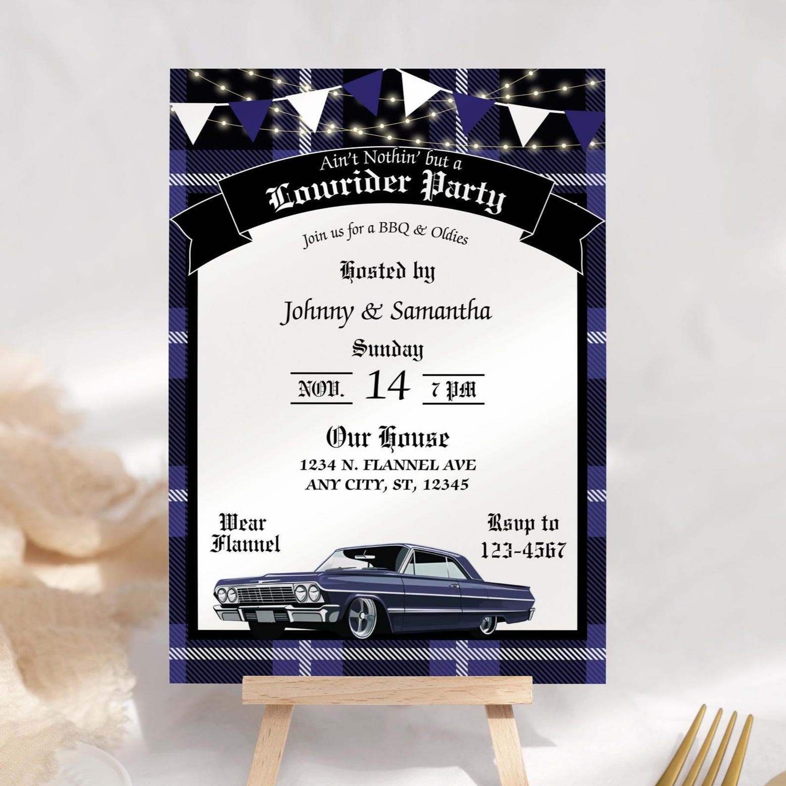Blue Lowrider Invitation, Cholo Party, Chicano Culture, Lowrider Party