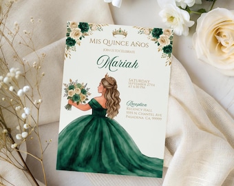 Quinceañera Invitation, Emerald Gold XV Invite — Emerald Elegance Editable Canva Template, Invitation Suite, Q101