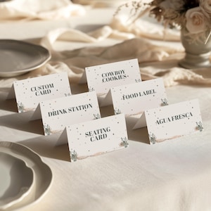 Cartões de mesa com tema de cowboy, rótulos para comida para impressão, cartões de lugar de mesa, decoração para festa de cowboy, barracas de comida de rodeio, 3,5x2, modelo Canva, L123
