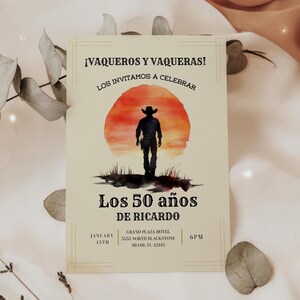 Vaquero 50th Birthday Invitation, Cowboy Birthday, Rodeo Theme, Mens Birthday Invite, Mexican Fiesta, 50th Birthday Idea, 5x7 Canva Template image 1