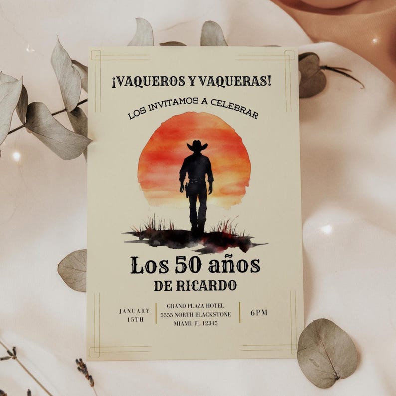 Vaquero 50th Birthday Invitation, Cowboy Birthday, Rodeo Theme, Mens Birthday Invite, Mexican Fiesta, 50th Birthday Idea, 5x7 Canva Template image 1