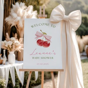 Cherry Baby Shower Sign, She&#39;s the Cherry On Top, Welcome Poster, Pink Red and Green, Coquette Sign, Plaid Bow, Canva Templates, L110